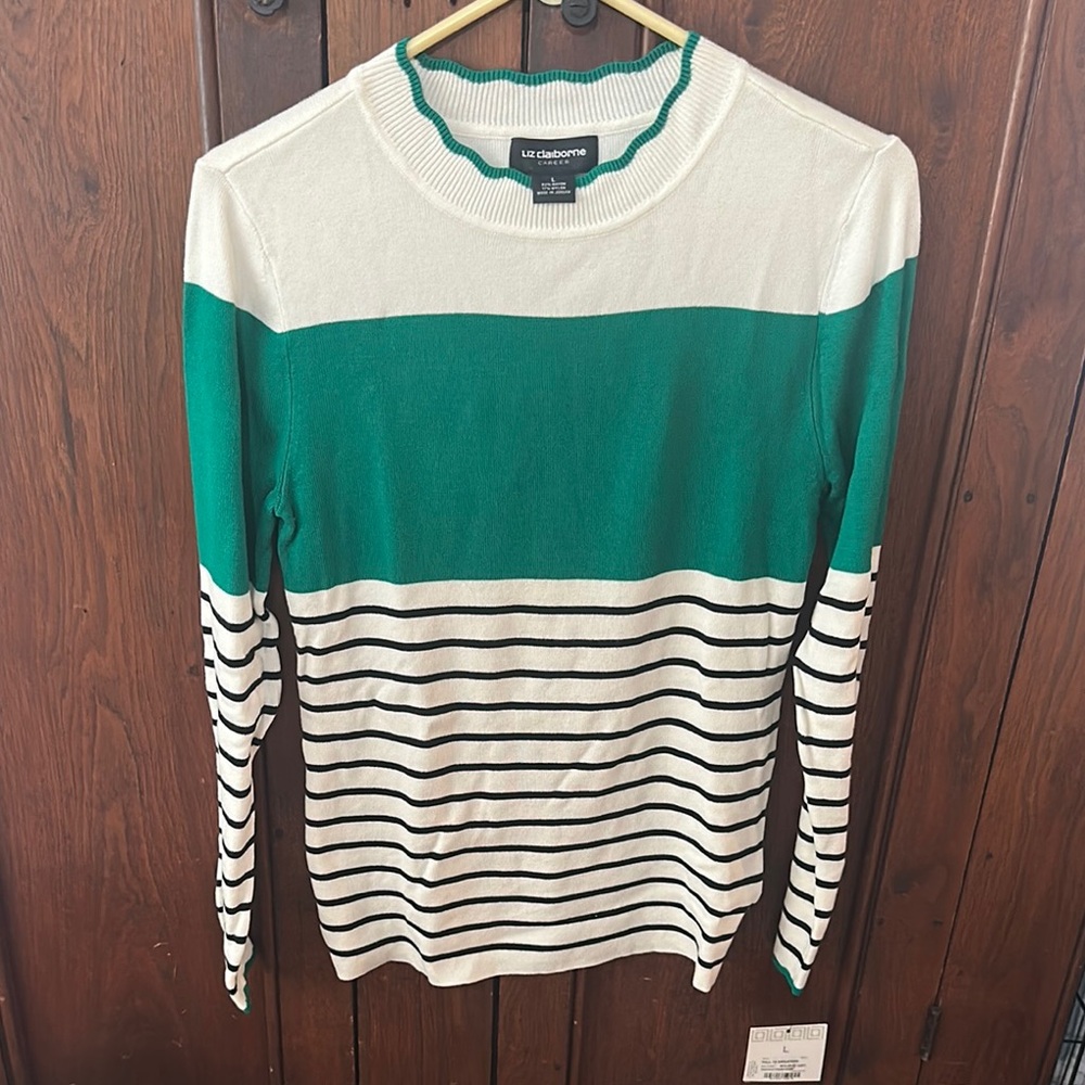 Green and White Liz Claiborne Striped Sweater